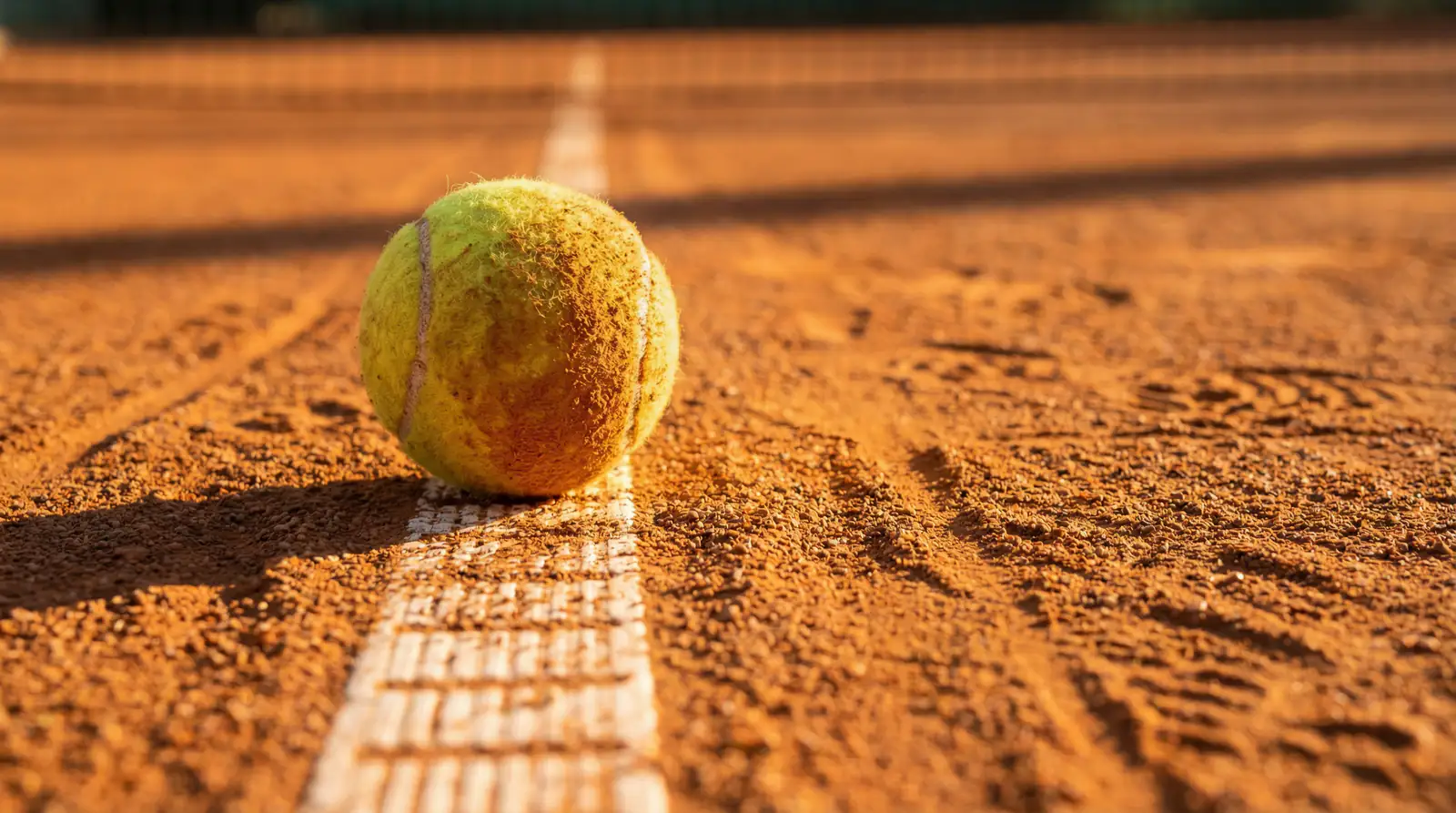 Pelota de tenis sobre la línea de una pista de tierra batida en un punto decisivo