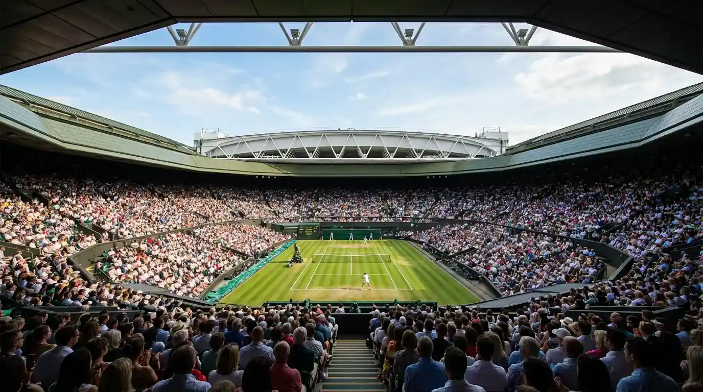 Vista panorámica de un estadio de tenis durante un torneo Grand Slam con gradas llenas de público