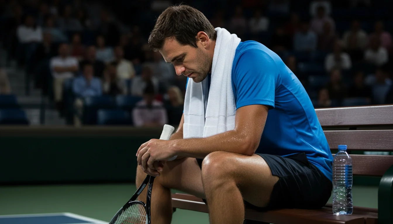 Tenista profesional concentrado durante un partido en pista dura