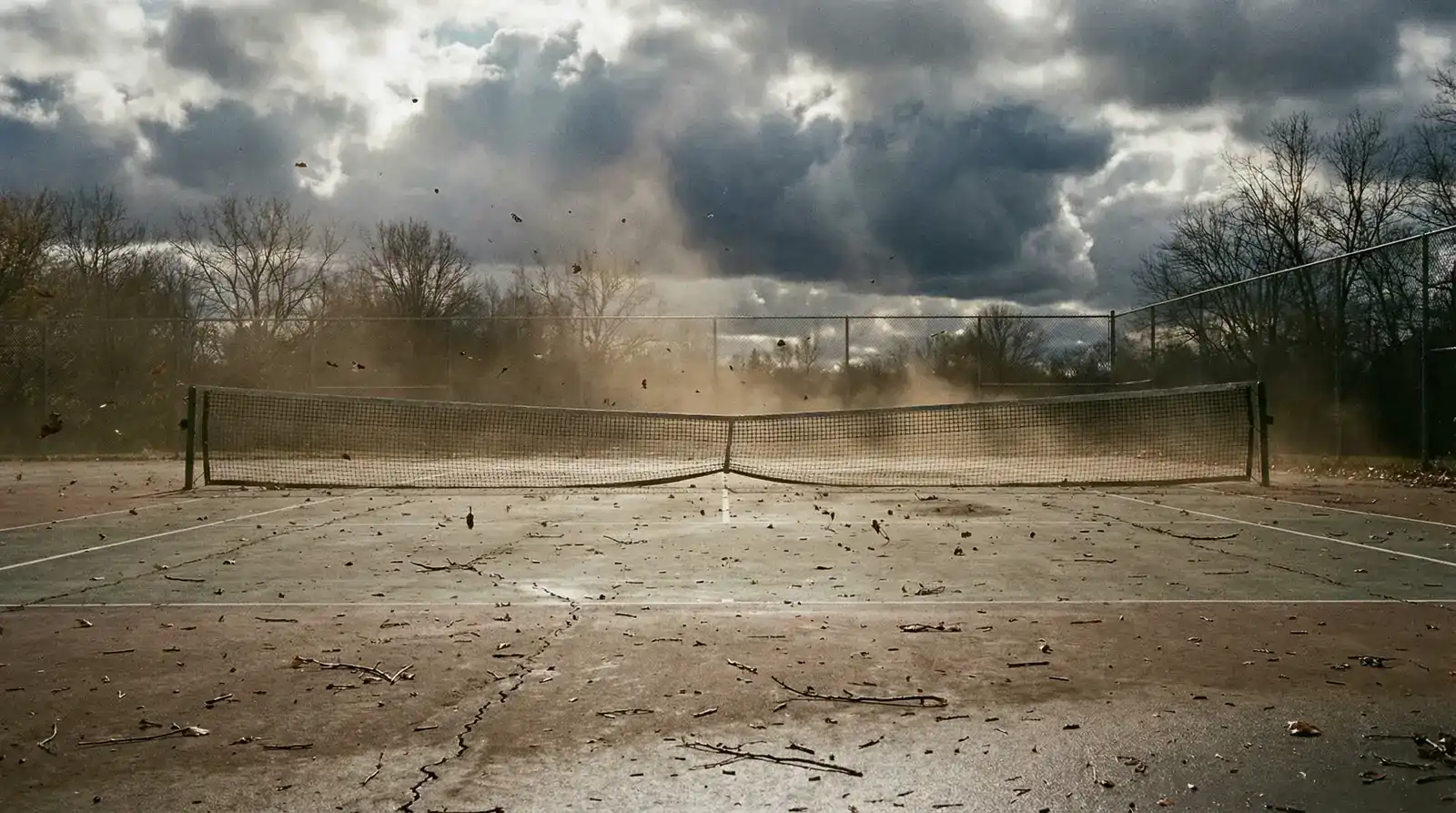 Pista de tenis al aire libre con viento moviendo la red y nubes en el cielo