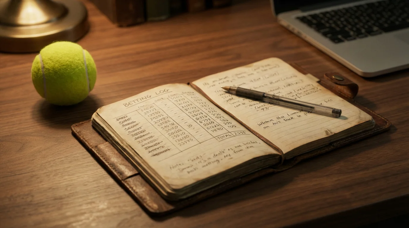 Libreta abierta con anotaciones de apuestas junto a una pelota de tenis sobre una mesa de madera
