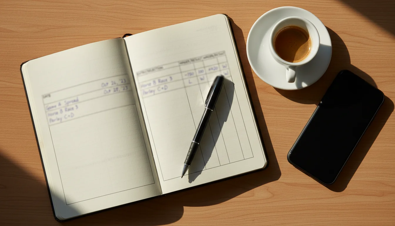 Cuaderno abierto con registro de apuestas de tenis y bolígrafo sobre escritorio
