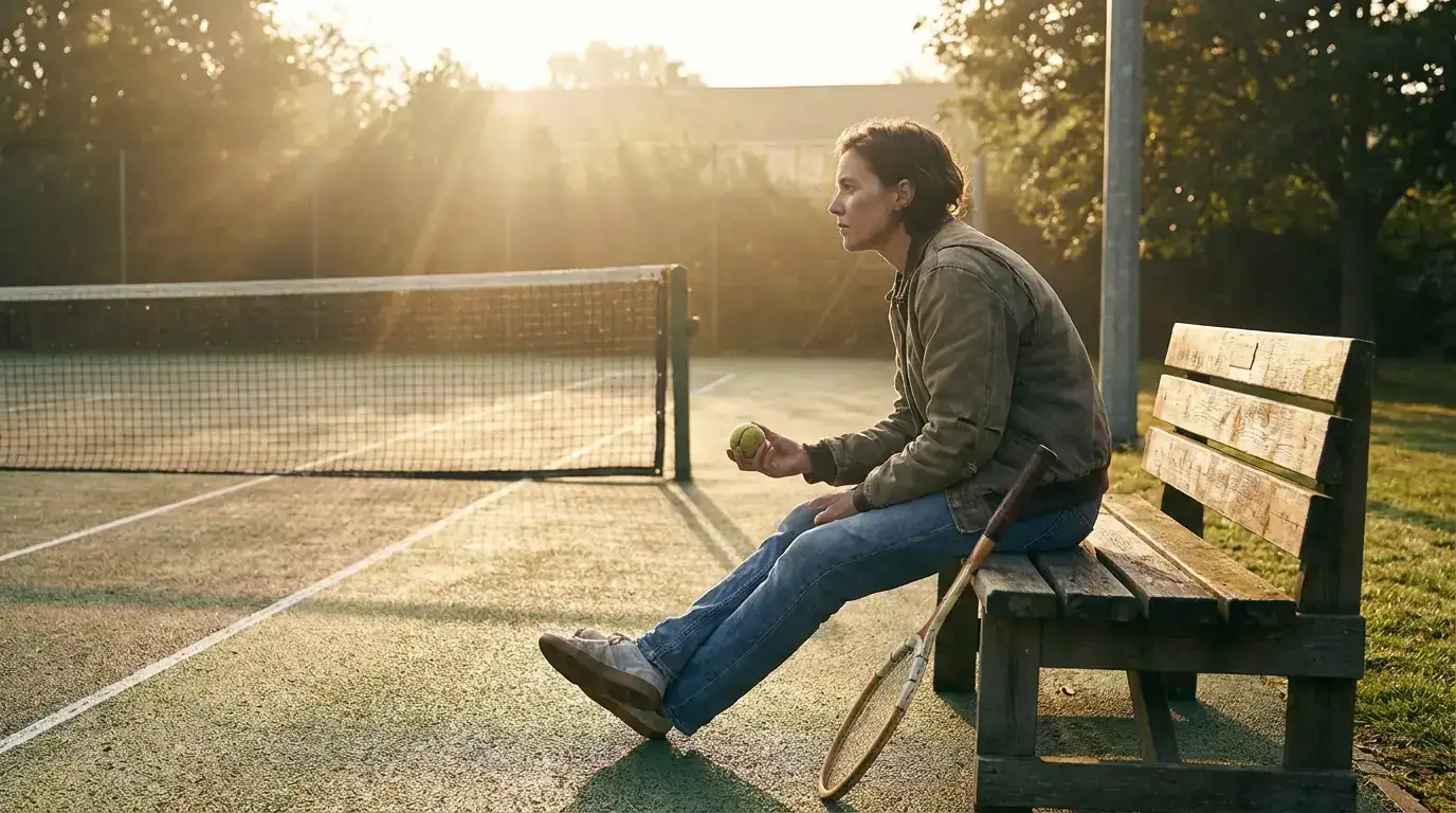 Persona sentada tranquilamente con una pelota de tenis reflexionando sobre juego responsable
