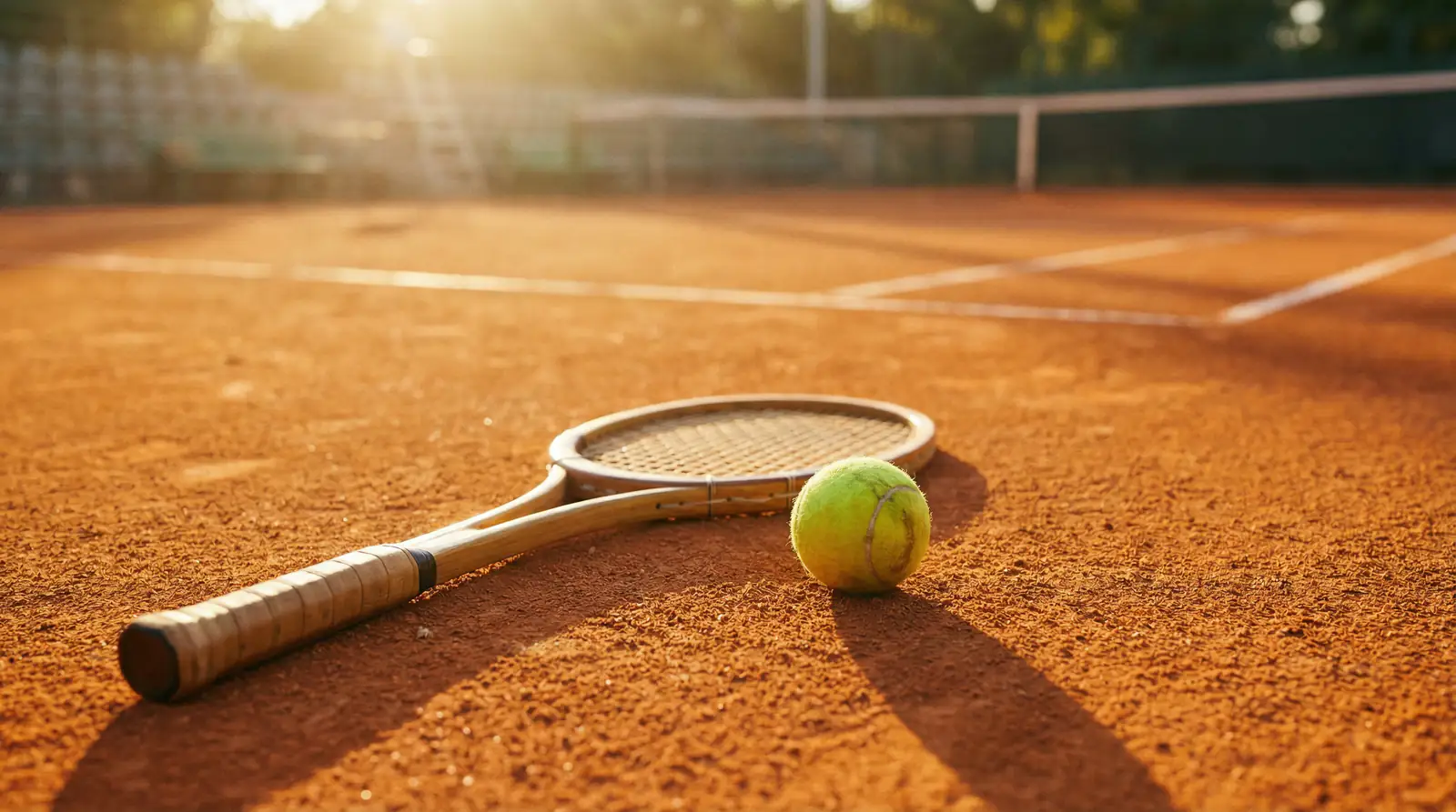 Raqueta de tenis sobre una pista de tierra batida con líneas marcadas y luz natural