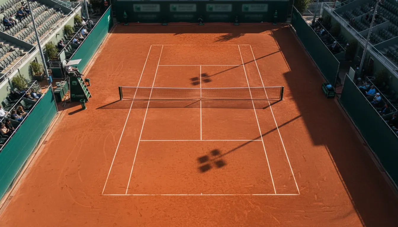 Pista de tenis de tierra batida con marcador visible mostrando sets y juegos
