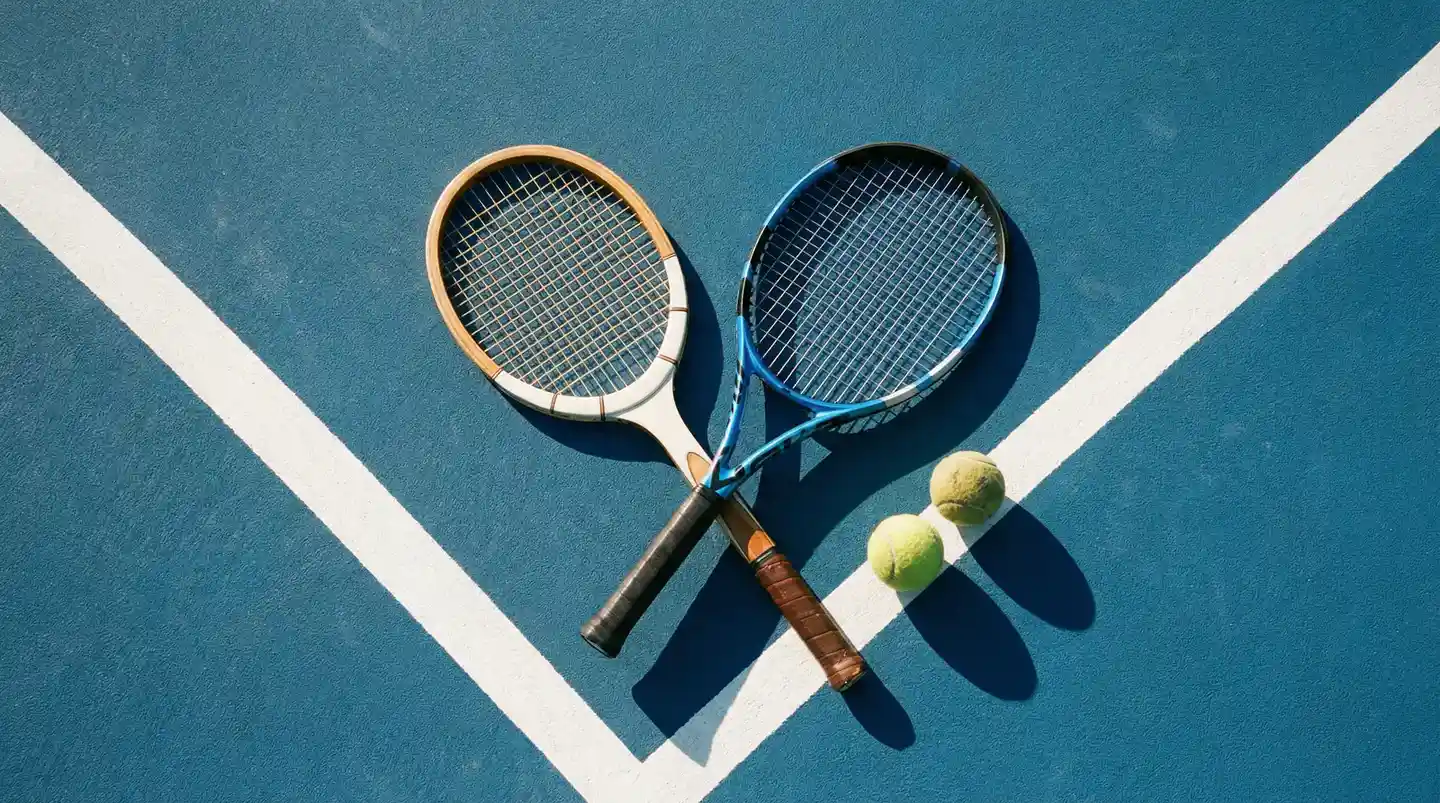 Dos raquetas de tenis cruzadas sobre una pista representando circuito masculino y femenino